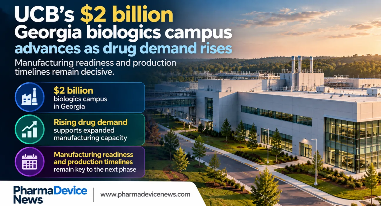Infographic showing UCB’s $2 billion Georgia biologics campus, rising drug demand and the importance of manufacturing readiness and production timelines.
