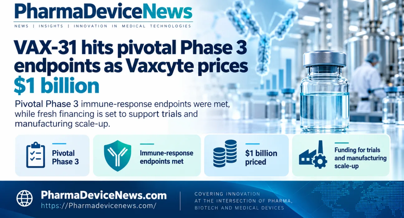 Infographic showing Vaxcyte’s VAX-31 meeting pivotal Phase 3 immune-response endpoints and the company pricing $1 billion to support clinical trials and manufacturing scale-up.