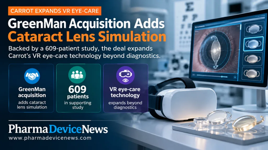 Editorial infographic illustrating Carrot’s acquisition of GreenMan, featuring a virtual reality headset, cataract lens simulation software and intraocular lens models, with highlights on the supporting 609-patient study and expansion of VR eye-care technology beyond diagnostics.