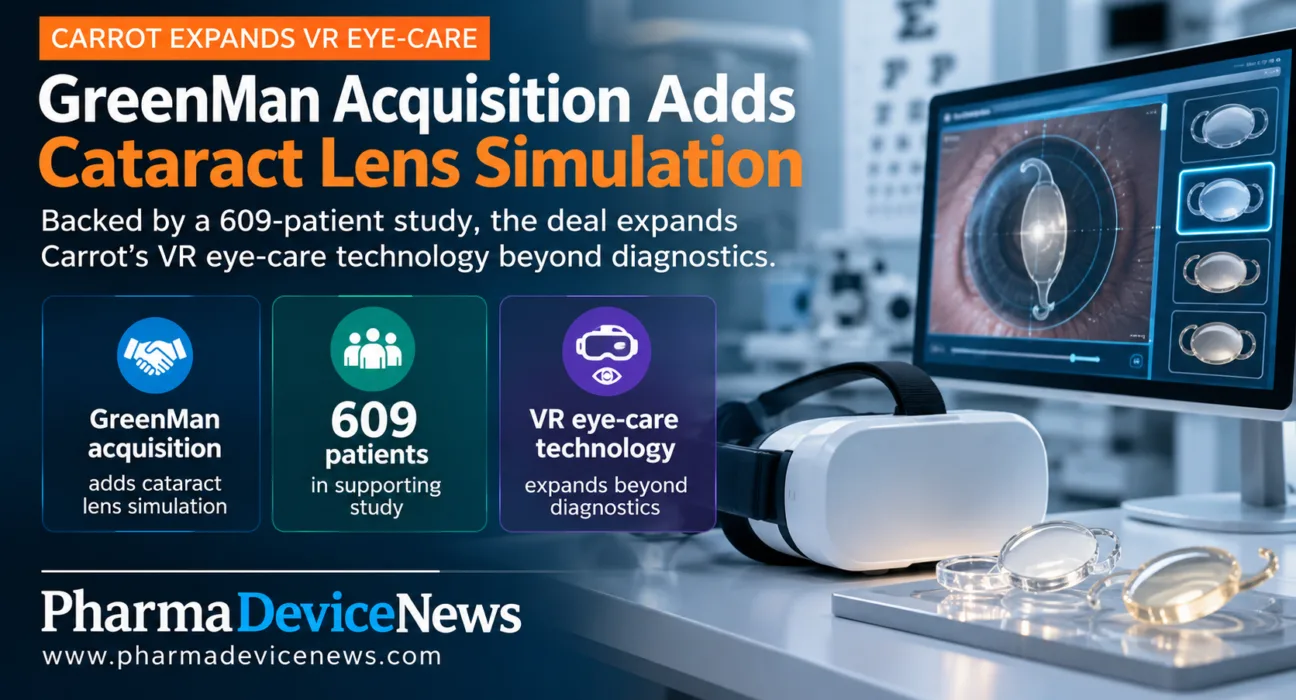Editorial infographic illustrating Carrot’s acquisition of GreenMan, featuring a virtual reality headset, cataract lens simulation software and intraocular lens models, with highlights on the supporting 609-patient study and expansion of VR eye-care technology beyond diagnostics.