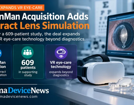 Editorial infographic illustrating Carrot’s acquisition of GreenMan, featuring a virtual reality headset, cataract lens simulation software and intraocular lens models, with highlights on the supporting 609-patient study and expansion of VR eye-care technology beyond diagnostics.