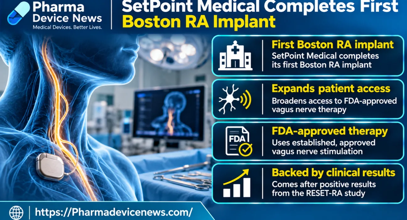 Infographic showing SetPoint Medical’s first Boston rheumatoid arthritis implant, featuring an illustration of vagus nerve stimulation therapy and highlighting FDA approval, expanded patient access and positive RESET-RA clinical trial results.