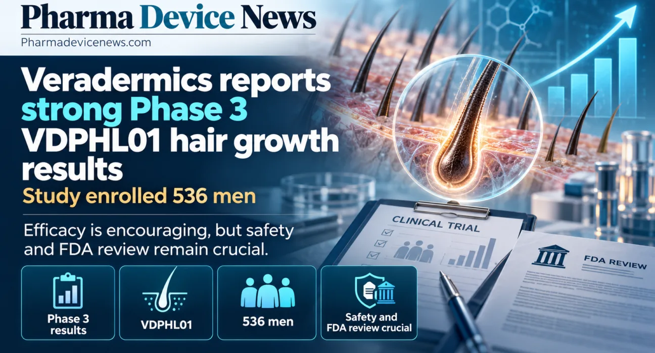 Editorial infographic showing Veradermics’ Phase 3 VDPHL01 hair growth study in 536 men, with hair follicle imagery, a clinical trial document, and references to efficacy, safety, and FDA review.