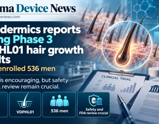 Editorial infographic showing Veradermics’ Phase 3 VDPHL01 hair growth study in 536 men, with hair follicle imagery, a clinical trial document, and references to efficacy, safety, and FDA review.