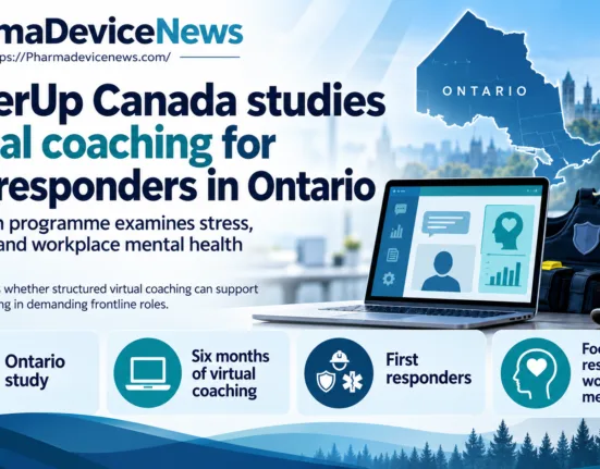 Editorial infographic illustrating BetterUp Canada's six-month virtual coaching study for first responders in Ontario, featuring a digital coaching platform, emergency response equipment, an Ontario map and graphics highlighting stress, resilience and workplace mental health.