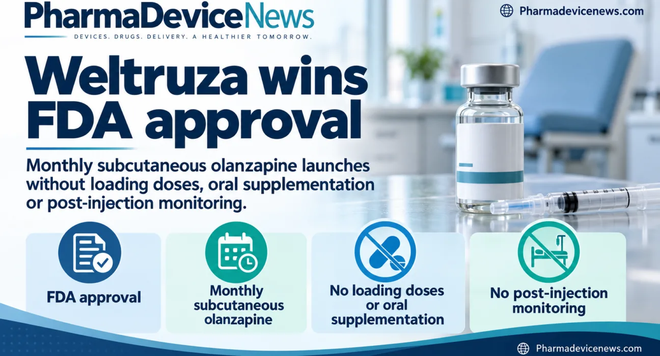 Infographic showing FDA approval of Teva’s Weltruza, a monthly subcutaneous olanzapine that requires no loading doses, oral supplementation or post-injection monitoring.