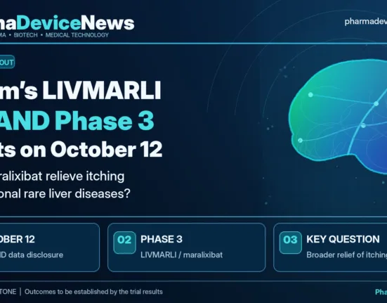 Editorial infographic highlighting Mirum Pharmaceuticals’ LIVMARLI (maralixibat) Phase 3 EXPAND trial, featuring liver illustrations, clinical research graphics and an October 12 results announcement, with emphasis on evaluating itching relief in additional rare liver diseases.